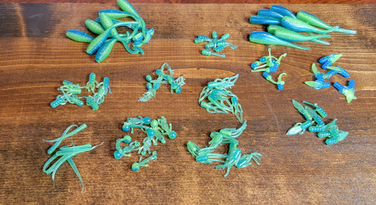 Blue/Lime Two Toned Glow .75"-2" Baits (Glows Green & Blue) 10 pack