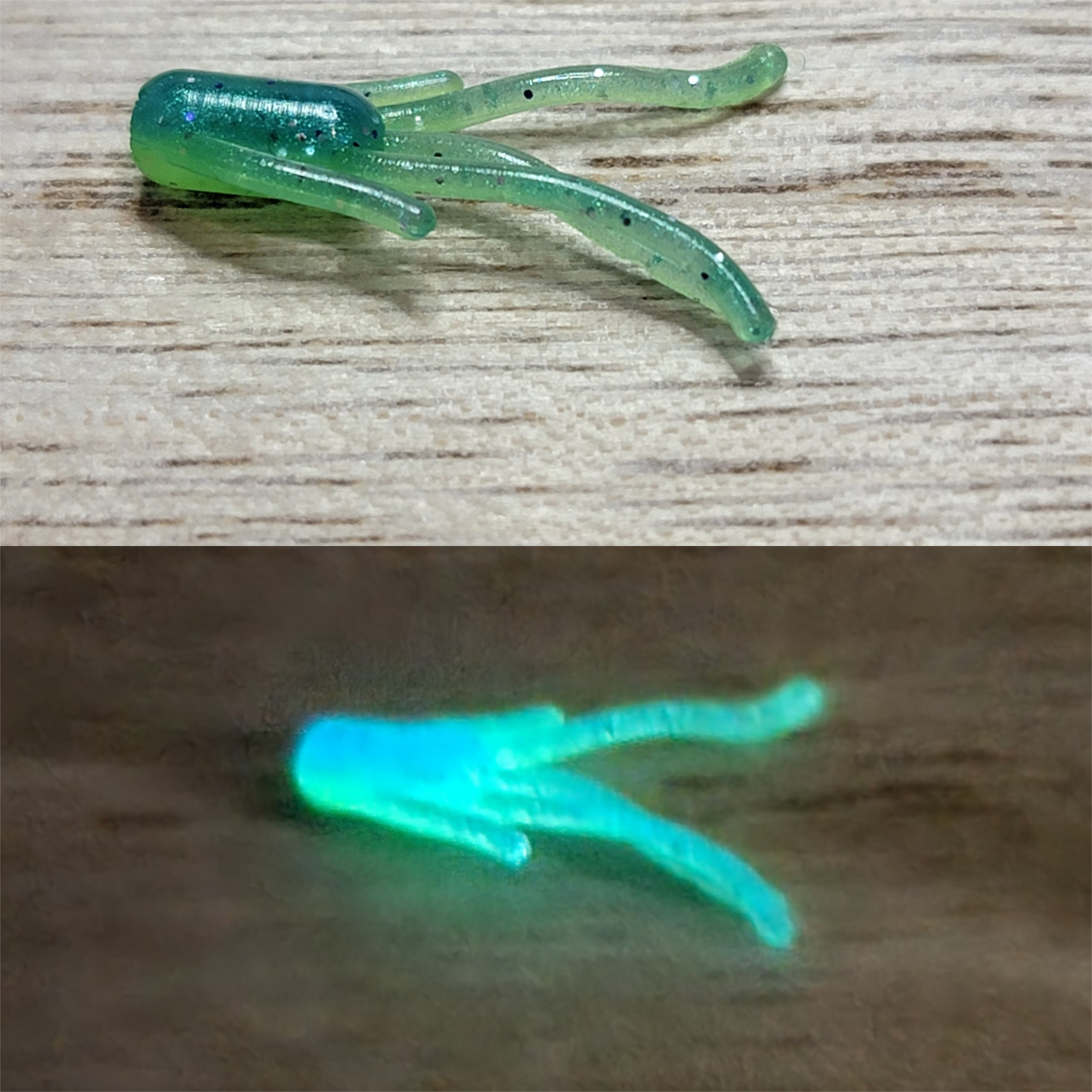 Blue/Lime Two Toned Glow  .75"-2" Baits (Glows Green & Blue) 10 pack