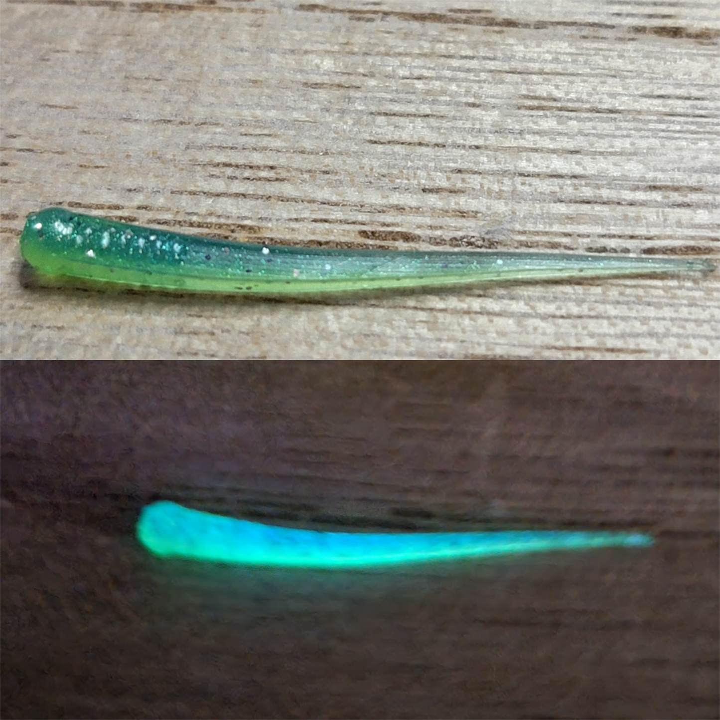 Blue/Lime Two Toned Glow  .75"-2" Baits (Glows Green & Blue) 10 pack