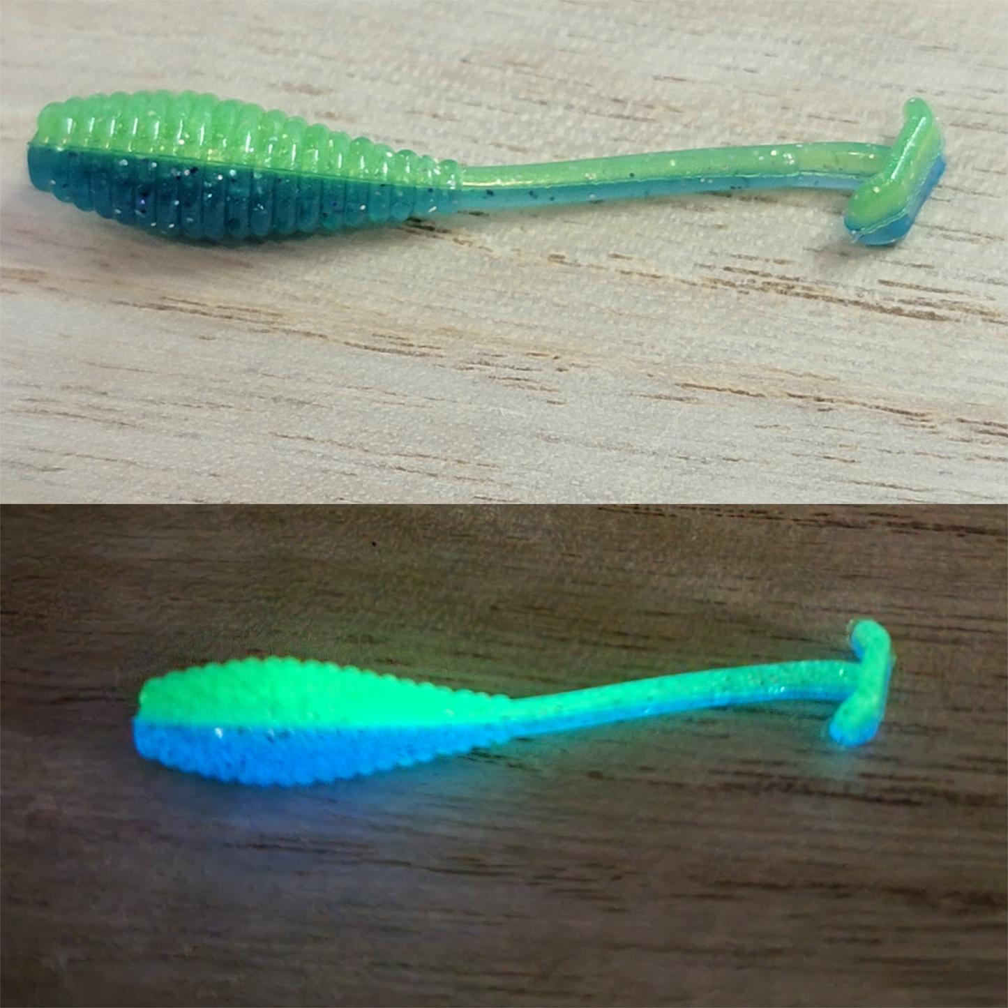 Blue/Lime Two Toned Glow  .75"-2" Baits (Glows Green & Blue) 10 pack