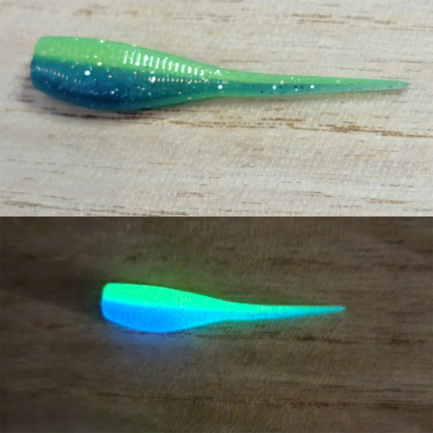 Blue/Lime Two Toned Glow  .75"-2" Baits (Glows Green & Blue) 10 pack